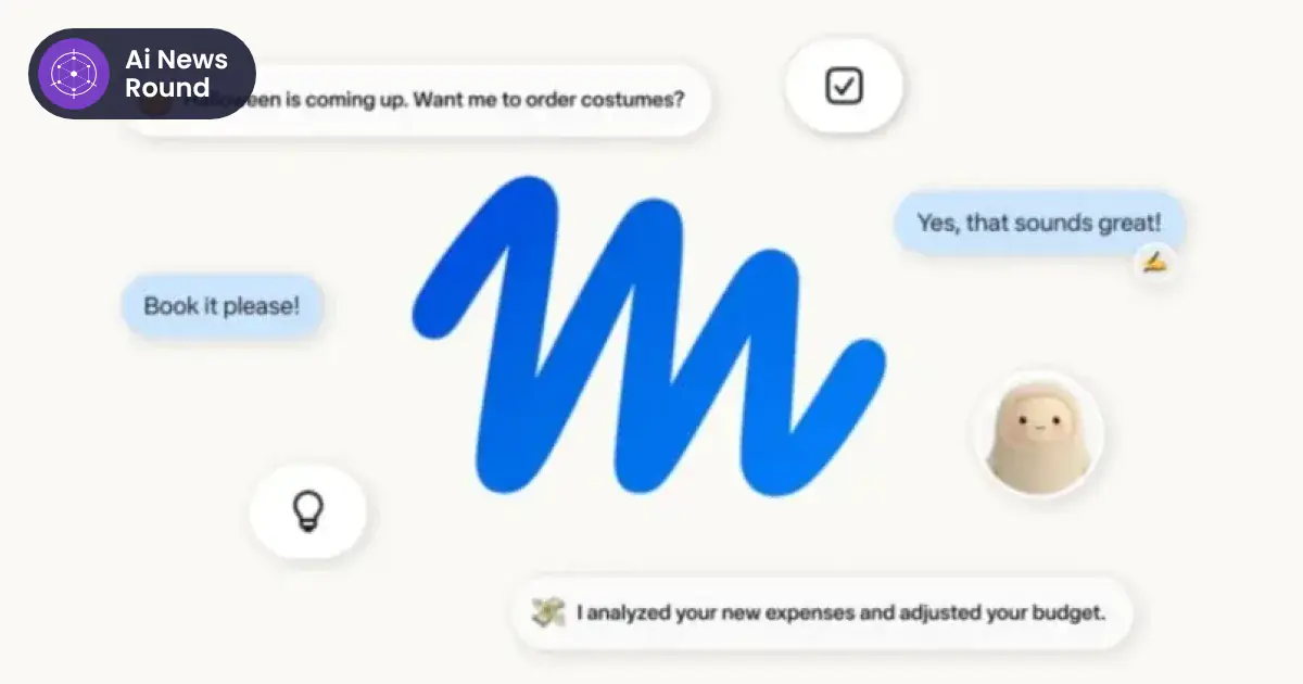 Meta Muse promotional graphic with a blue M logo, the plush-toy style Muse avatar and chat bubbles about booking and budgeting