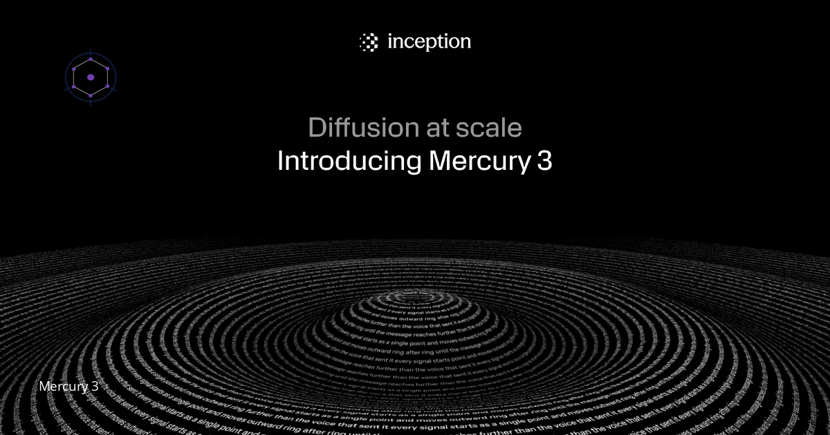 Inception Labs launch artwork for Mercury 3, white text over a black background with a rippling pattern of words