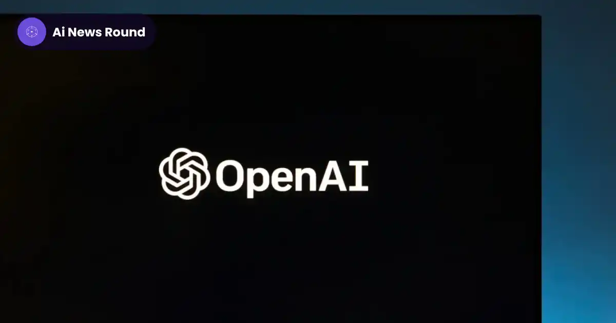 The OpenAI logo glowing on a dark computer screen, with a small Ai News Round badge in the top-left corner