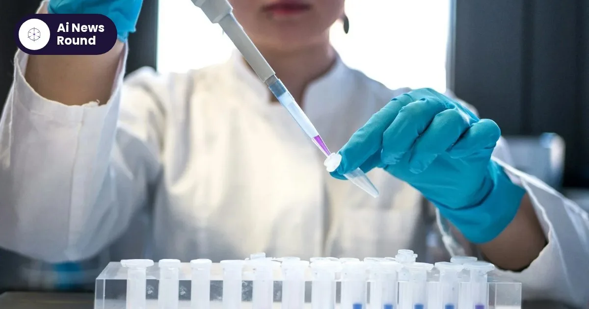 Scientist in blue gloves pipetting purple liquid into sample tubes in a laboratory