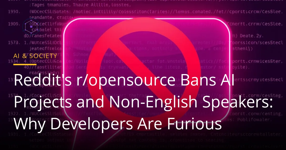 A stylised glowing speech bubble with a prohibition sign over lines of open-source code on a dark background