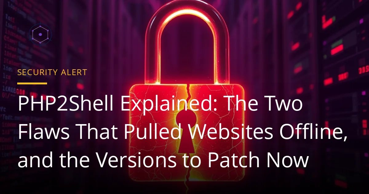 A cracked padlock over glowing lines of code and a dark web server rack, lit in red and purple