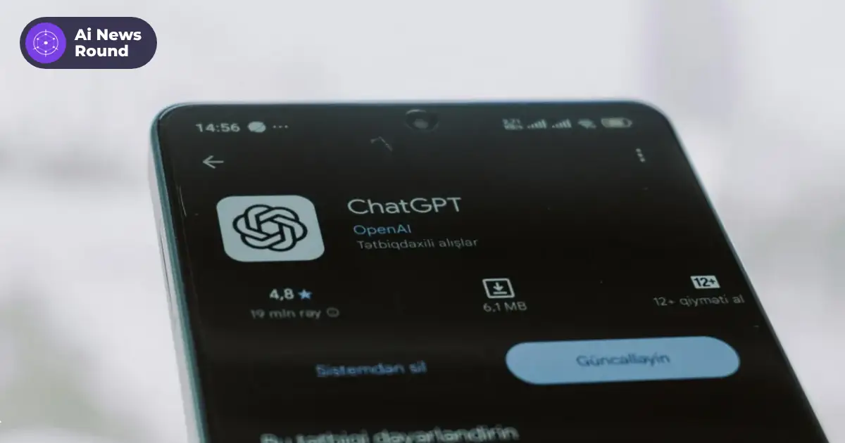 A smartphone showing the ChatGPT app page by OpenAI, with the Ai News Round badge in the top-left corner