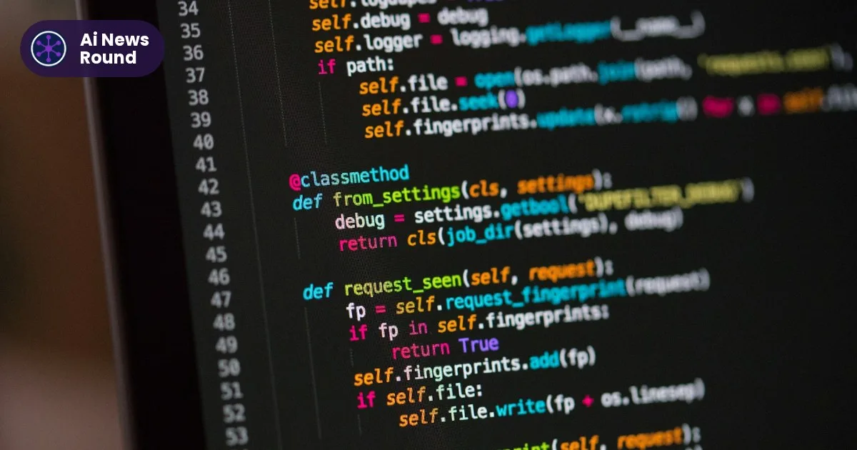 Close-up of colourful source code on a dark laptop screen, with the AI News Round badge in the top-left corner