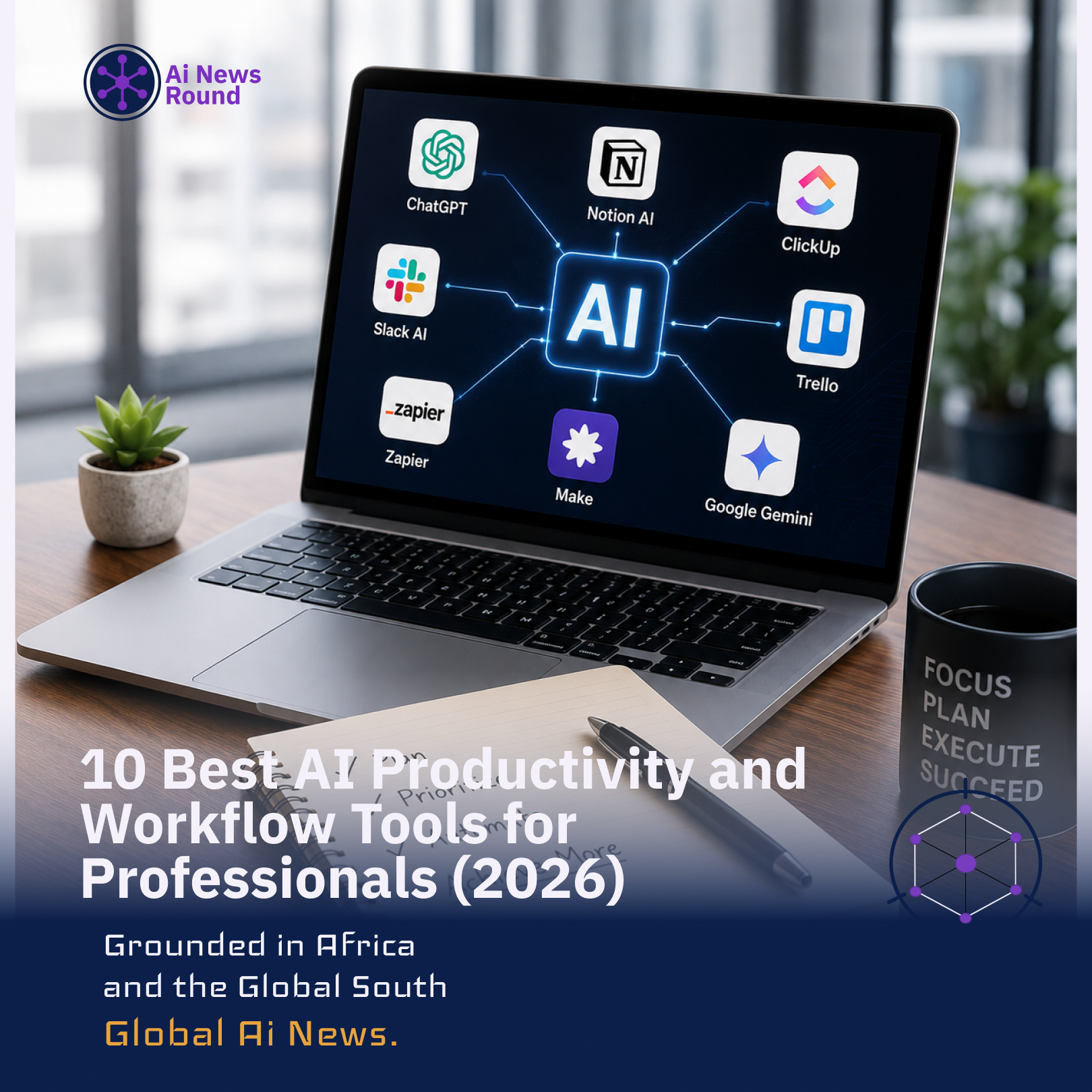 Graphic header displaying a roundup of top AI productivity and workflow tools for professionals in 2026.