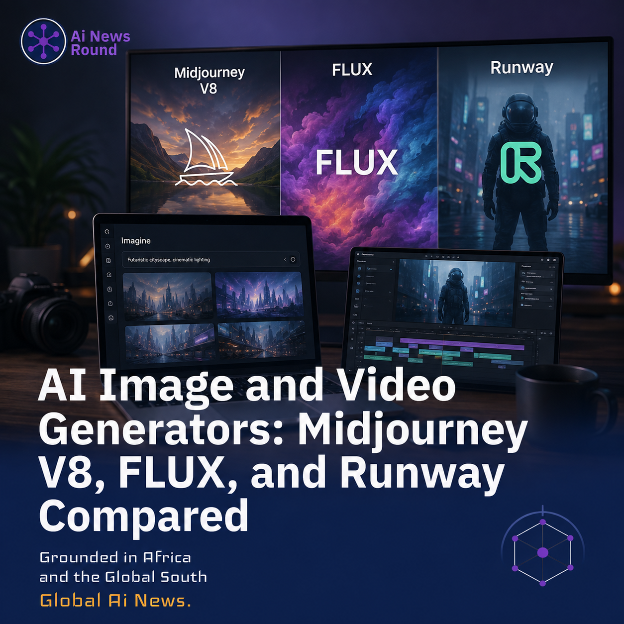 Visual showcase header highlighting Midjourney V8, FLUX, and Runway Gen-4.5 content creation tools.