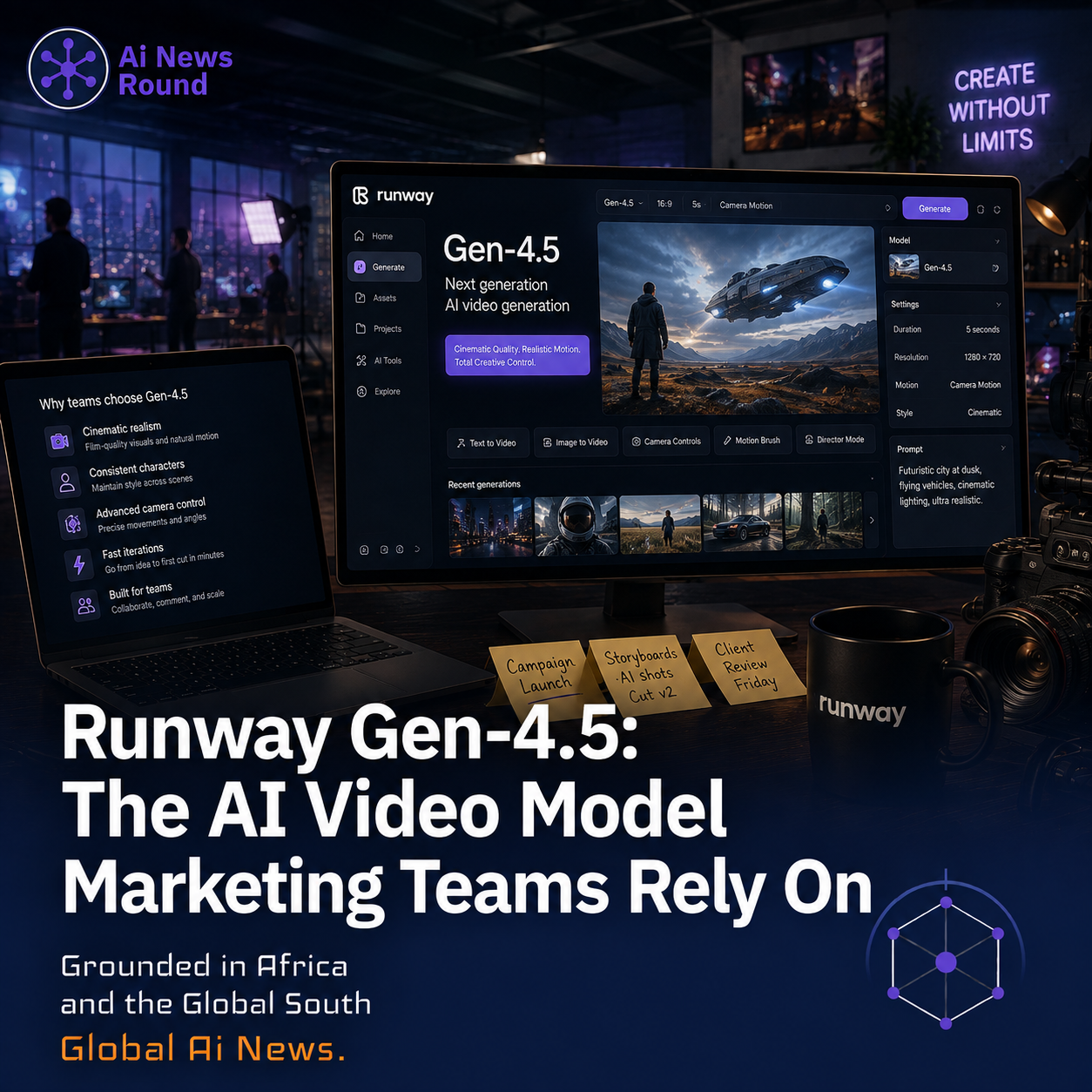 Graphic header showcasing Runway Gen-4.5 AI video creation controls and timeline features.