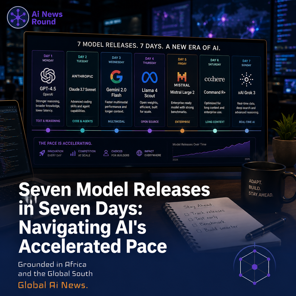 Timeline graphic showing seven AI model releases across a single calendar week.