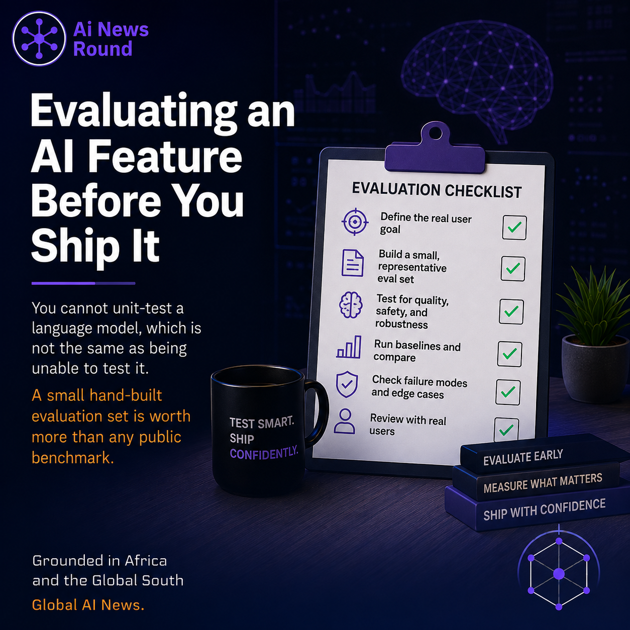 Diagram comparing unit testing vs hand-built evaluation sets for AI features before shipping.
