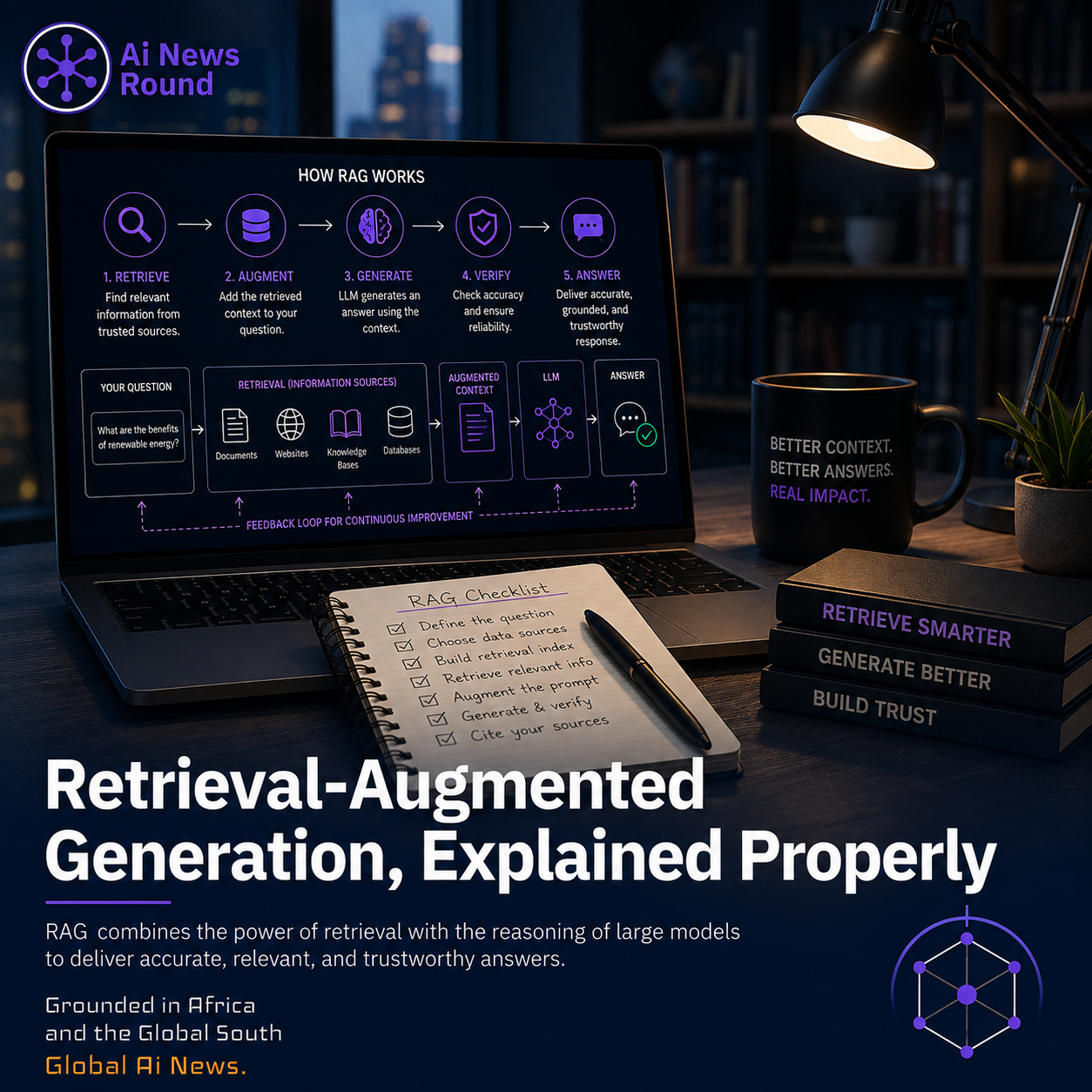 Diagram illustrating Retrieval-Augmented Generation pipeline connecting user queries, vector search, external context, and LLMs.