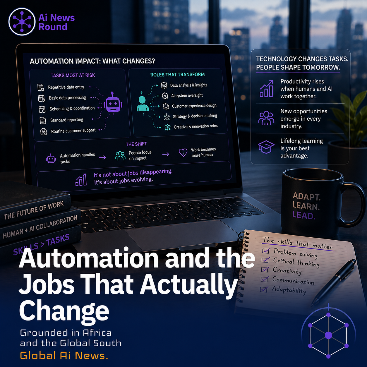 Diagram mapping job categories across two axes: task automation risk vs. human augmentation potential, highlighting role evolution over outright substitution.