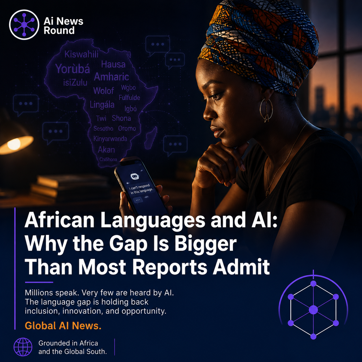 Diagram mapping the African AI language gap, illustrating how foundational web crawl data, tokenization overhead, and low-resource dataset constraints impact model performance acro