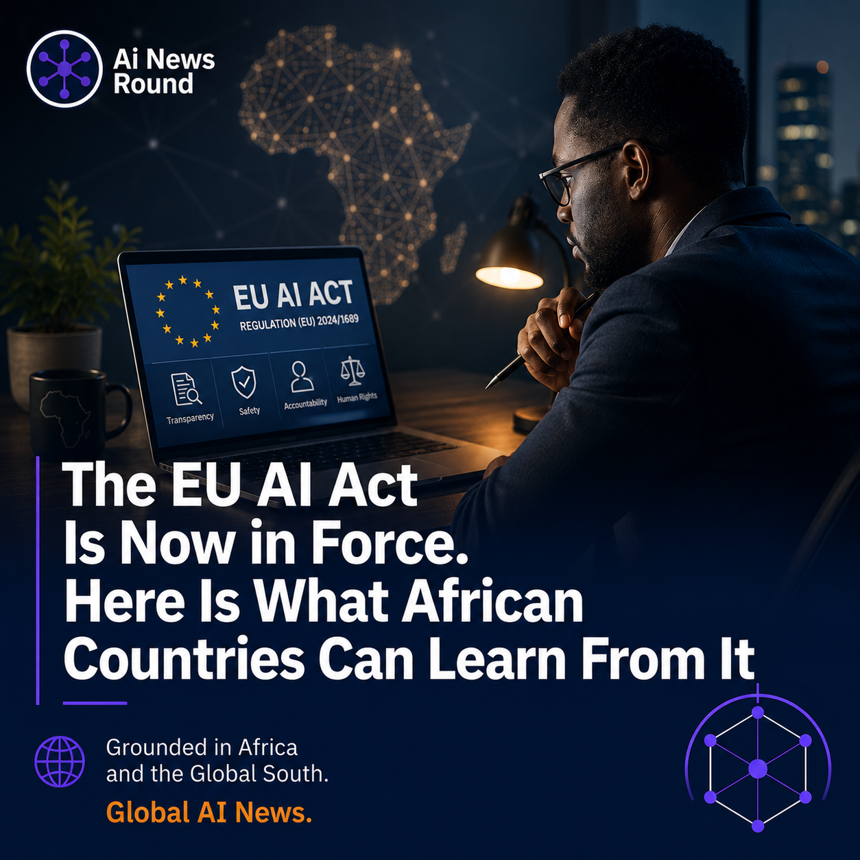 Diagram comparing the EU AI Act's risk-based compliance framework with African AI policy considerations, highlighting adaptations for low-resource data infrastructure, local startu