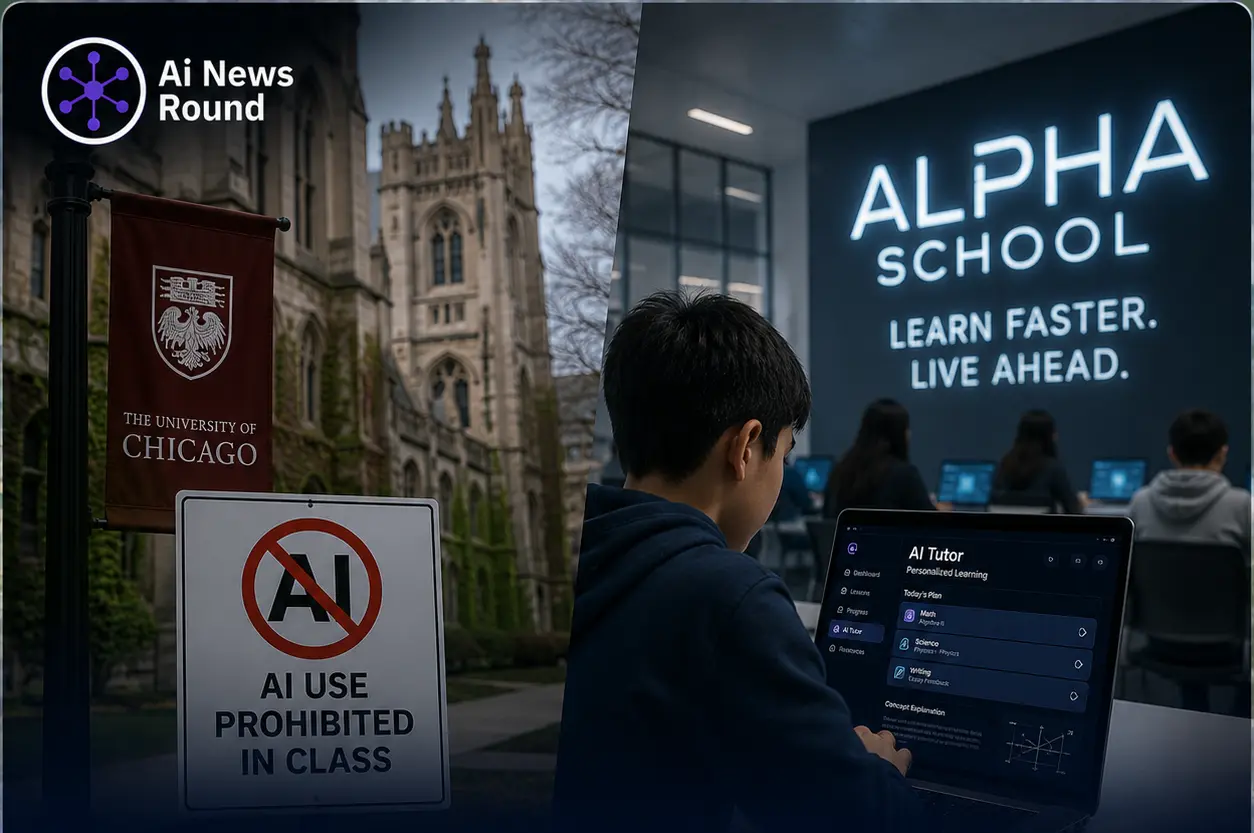 Split-screen illustration comparing AI policies in education, showing the University of Chicago banning AI use in classrooms on one side and an Alpha School student using an AI-pow