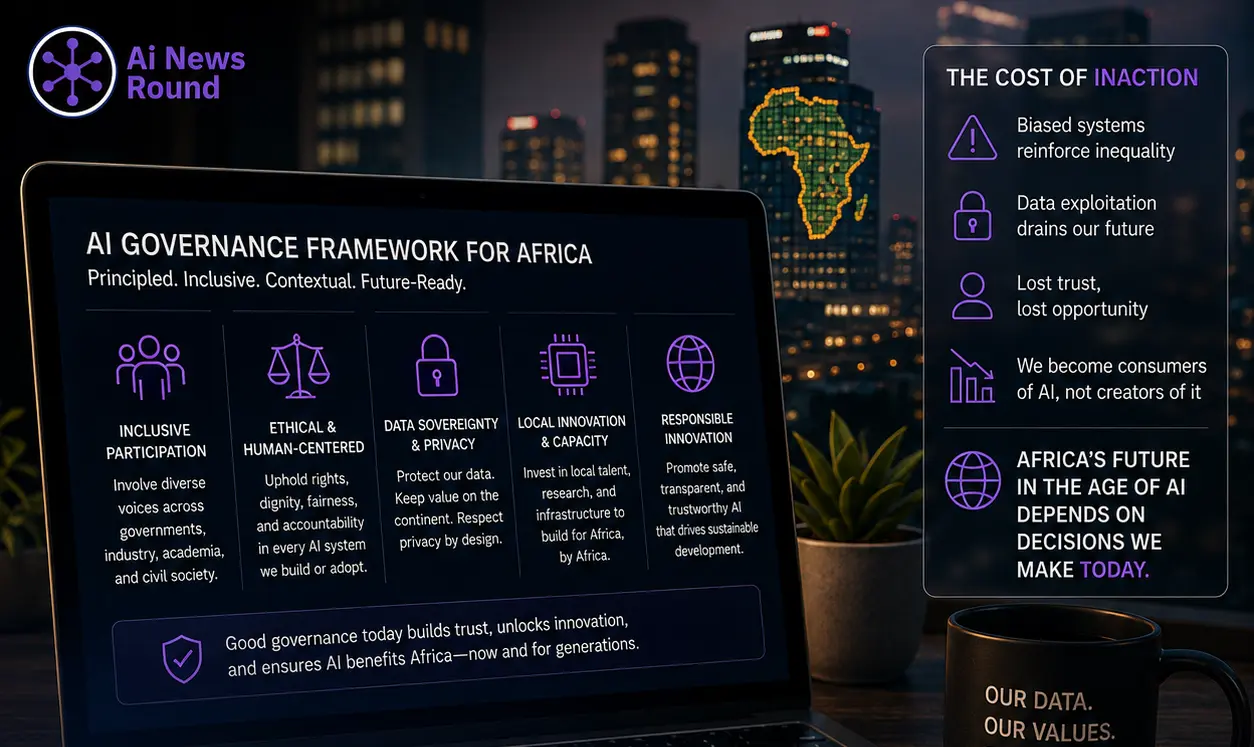 AI governance in Africa graphic showing an African AI governance framework focused on data sovereignty, ethical AI, local innovation, inclusion, privacy, and responsible technology