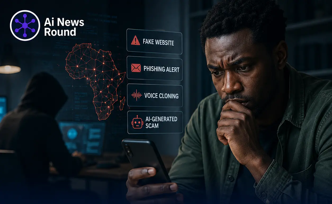 An African fintech fraud analyst viewing a real-time banking security dashboard on a laptop screen, representing the acceleration of AI-powered financial fraud in Africa.