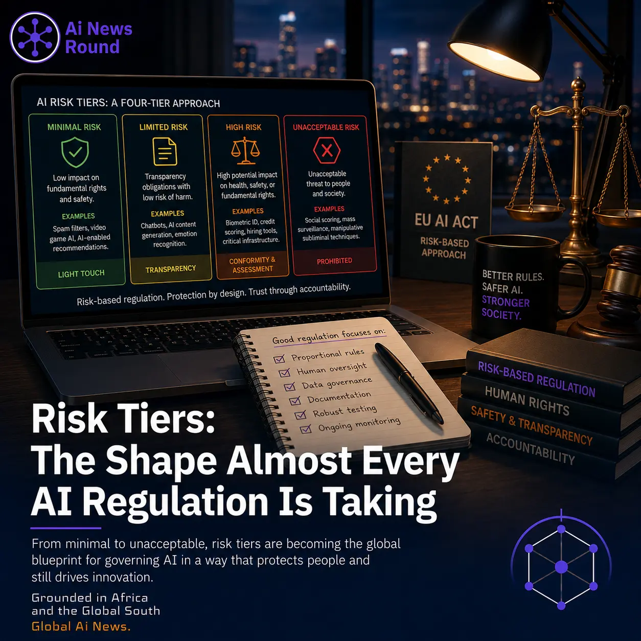 Pyramid diagram illustrating regulatory AI risk tiers from Unacceptable (banned) at the top, down to High Risk, Limited Risk, and Minimal Risk at the base.