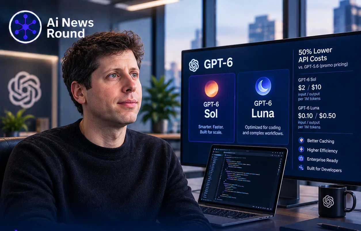 OpenAI executive viewing a GPT-6 interface featuring Sol and Luna alongside coding tools and API pricing, illustrating the launch of GPT-6 Sol and Luna with lower costs for enterpr