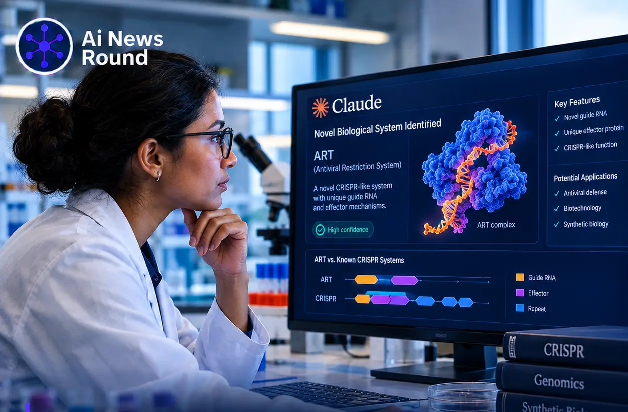 Scientist examining a computer display showing Anthropic Claude’s analysis of ART, a newly identified CRISPR-like biological system, with molecular and genomic diagrams in a labora