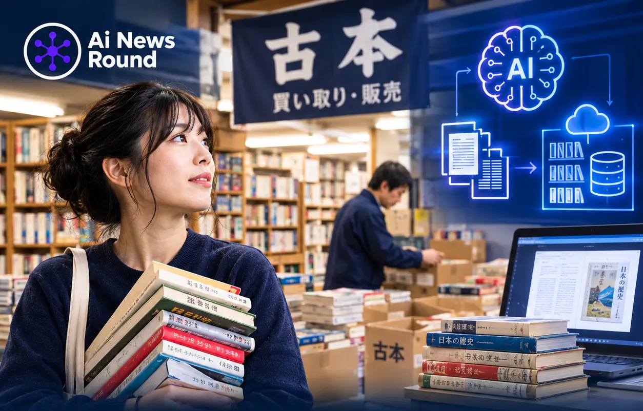 Japanese used bookstore handling large quantities of secondhand books for AI digitisation, illustrating a surge in bulk book orders linked to artificial intelligence training and d