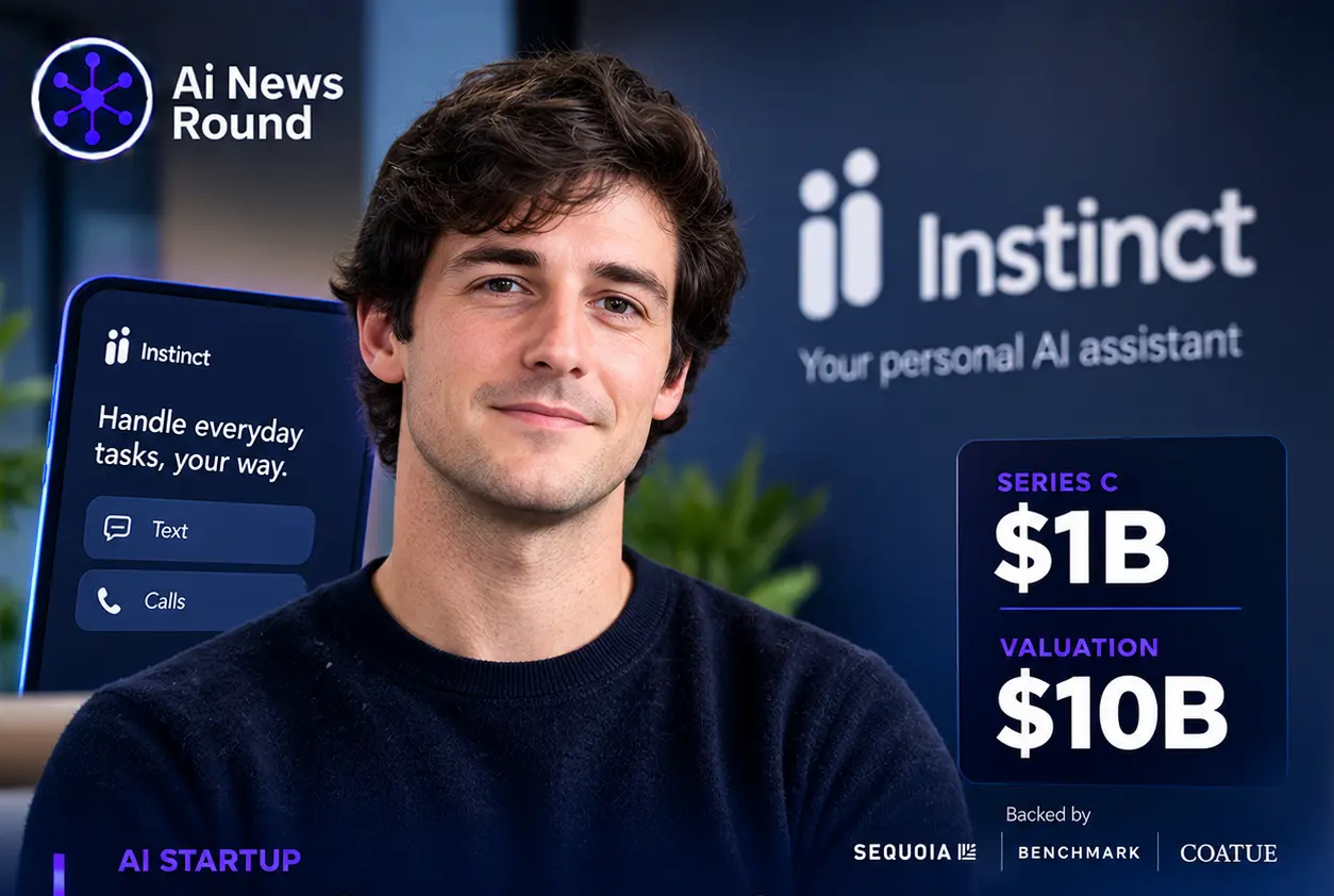 Instinct founder presented alongside the personal AI assistant’s branding and Series C funding details, illustrating the startup’s $1 billion funding round at a $10 billion valuati