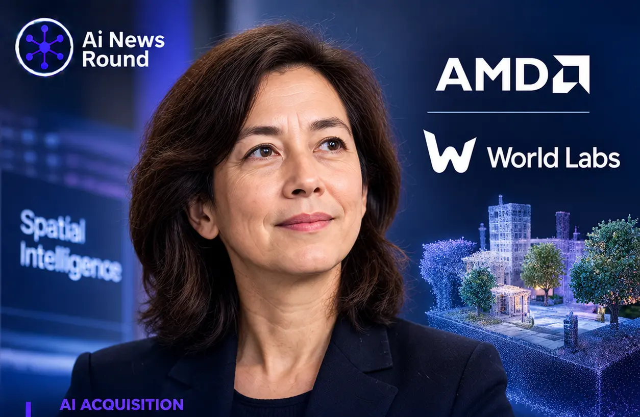 AI researcher pictured alongside AMD and World Labs branding with a 3D spatial-intelligence visualization, illustrating AMD’s announced $8.2 billion all-stock agreement to acquire