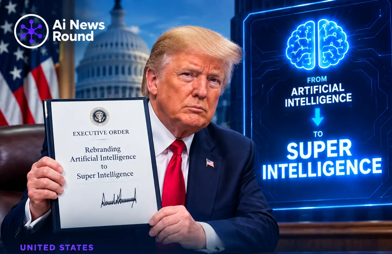 US President Donald Trump holding an executive order on rebranding artificial intelligence as “Super Intelligence,” with the U.S. Capitol and American flag in the background.