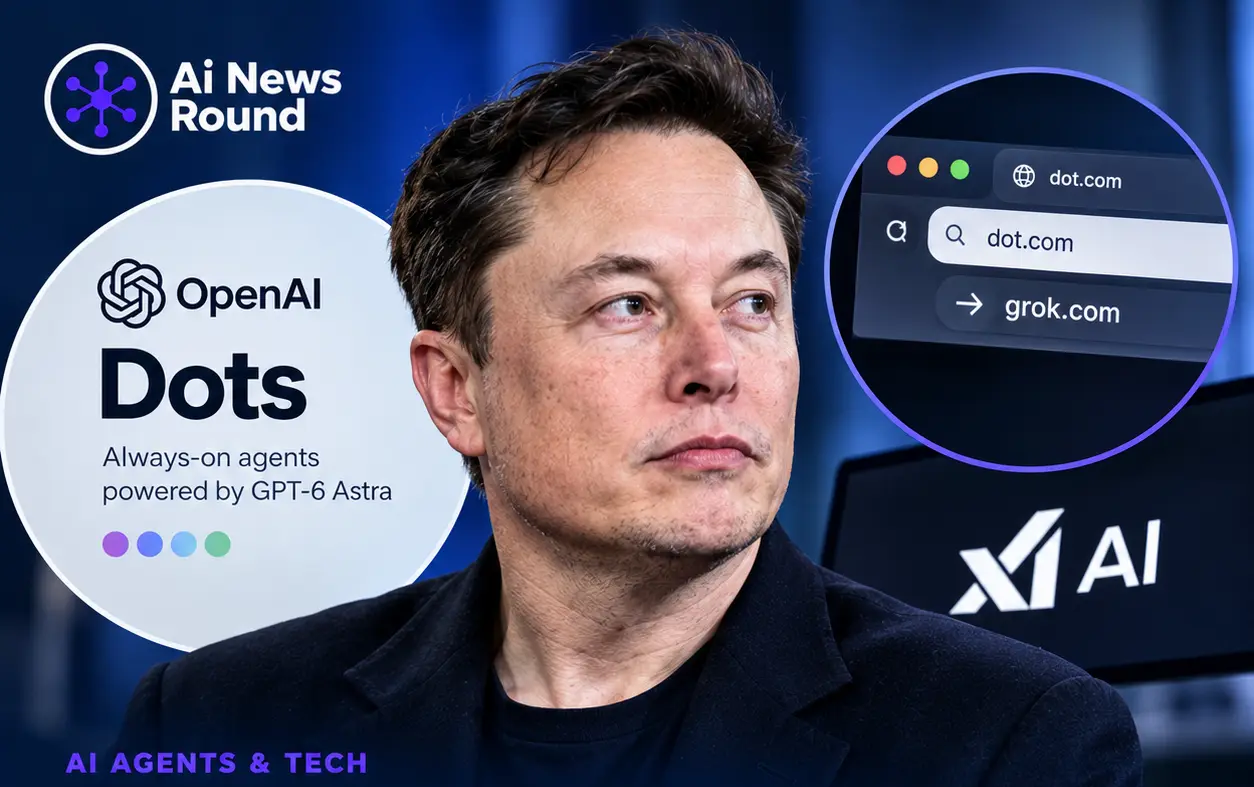 Elon Musk featured alongside OpenAI Dots and an xAI domain redirect to Grok, illustrating the controversy surrounding OpenAI’s launch of its new always-on AI agents.