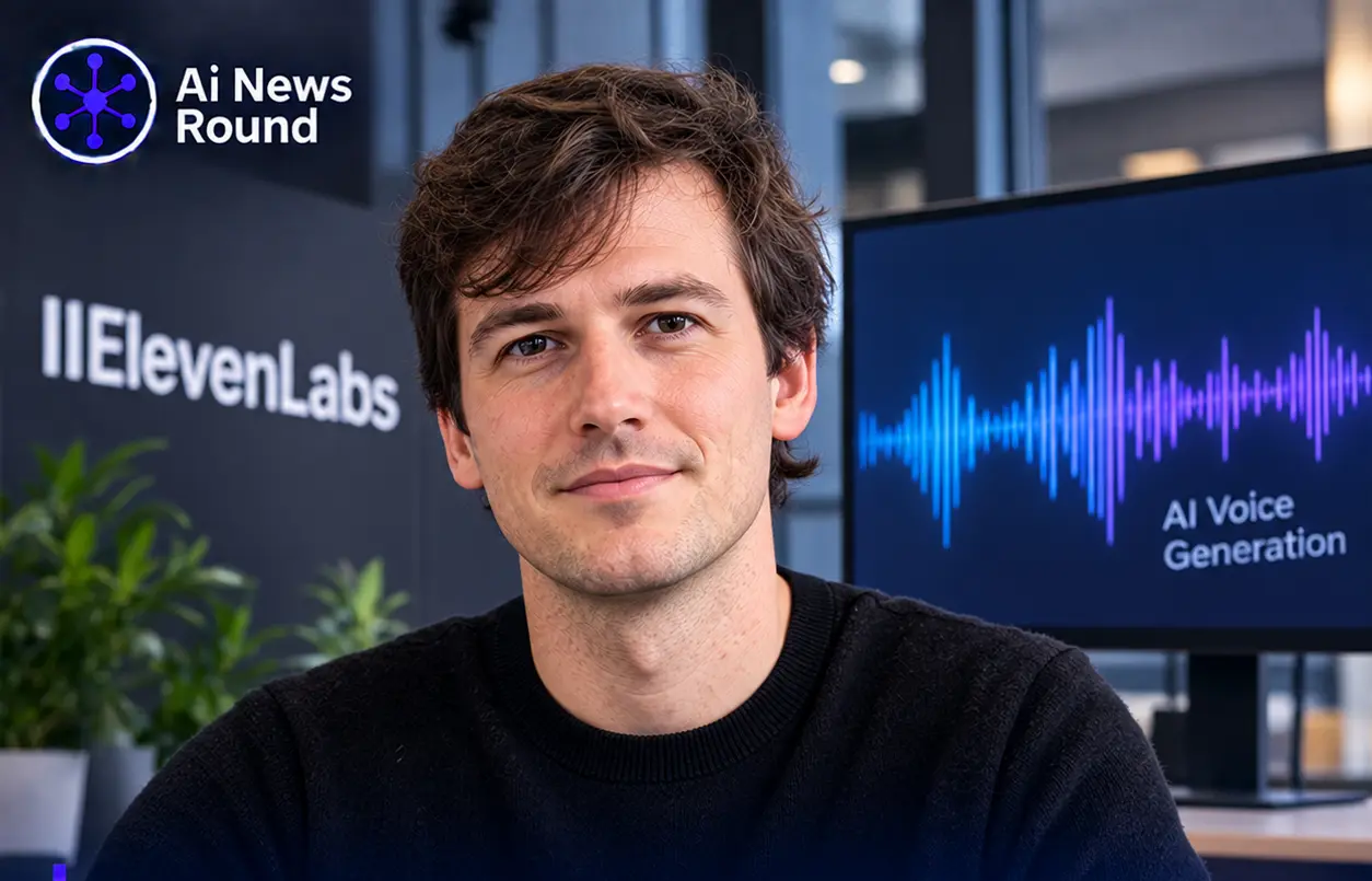 ElevenLabs executive pictured in an AI voice technology office with a digital voice waveform, illustrating the company’s $22 billion valuation following a $300 million employee sec