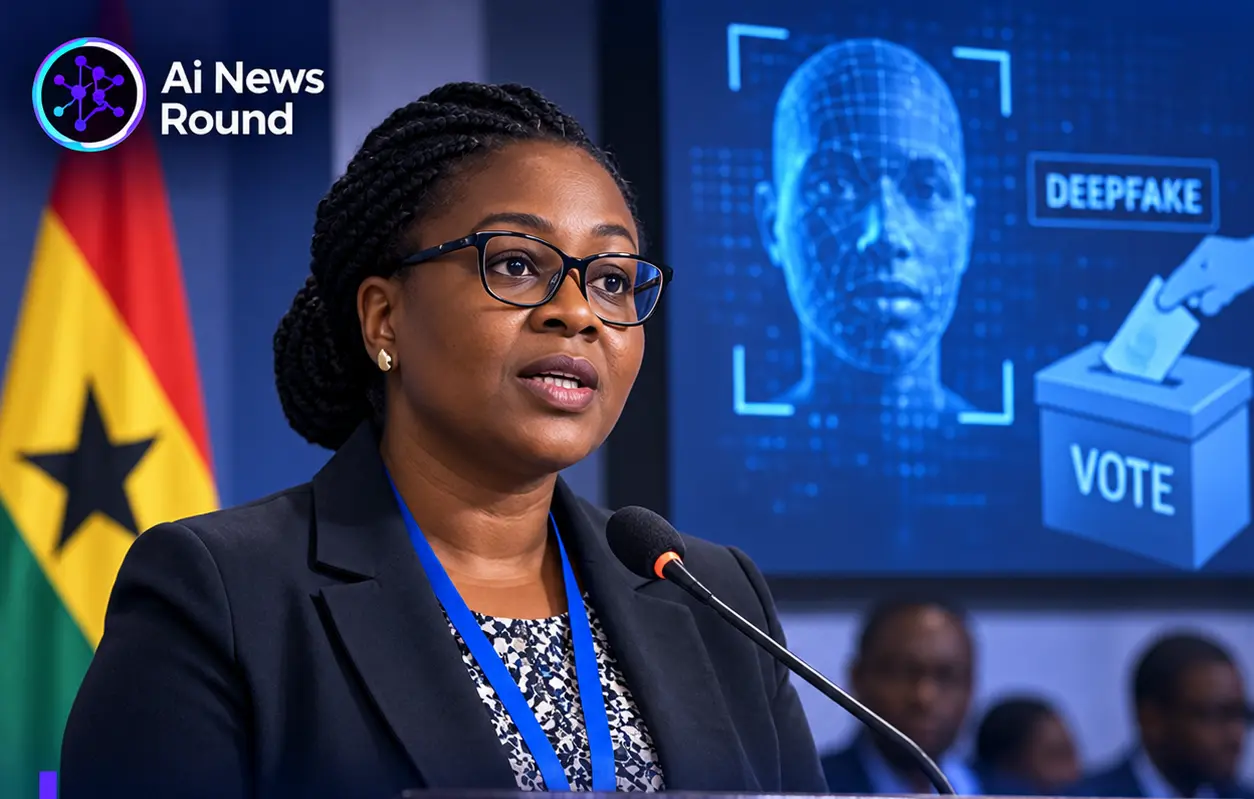 African election official speaking at a conference with the Ghanaian flag and a screen depicting deepfakes and voting, illustrating calls for stronger AI safeguards to protect elec
