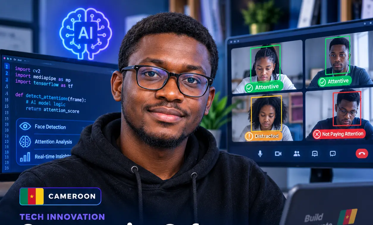 Cameroonian software engineer Randy Kimbi featured with an AI-powered virtual classroom monitoring interface, illustrating his system for auditing student attention during online l