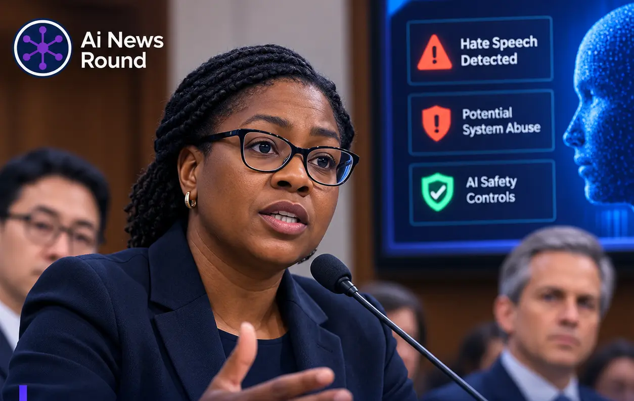 AI executive speaking at a public hearing with screens highlighting hate speech, system abuse, and AI safety controls, illustrating growing scrutiny of AI companies over content mo