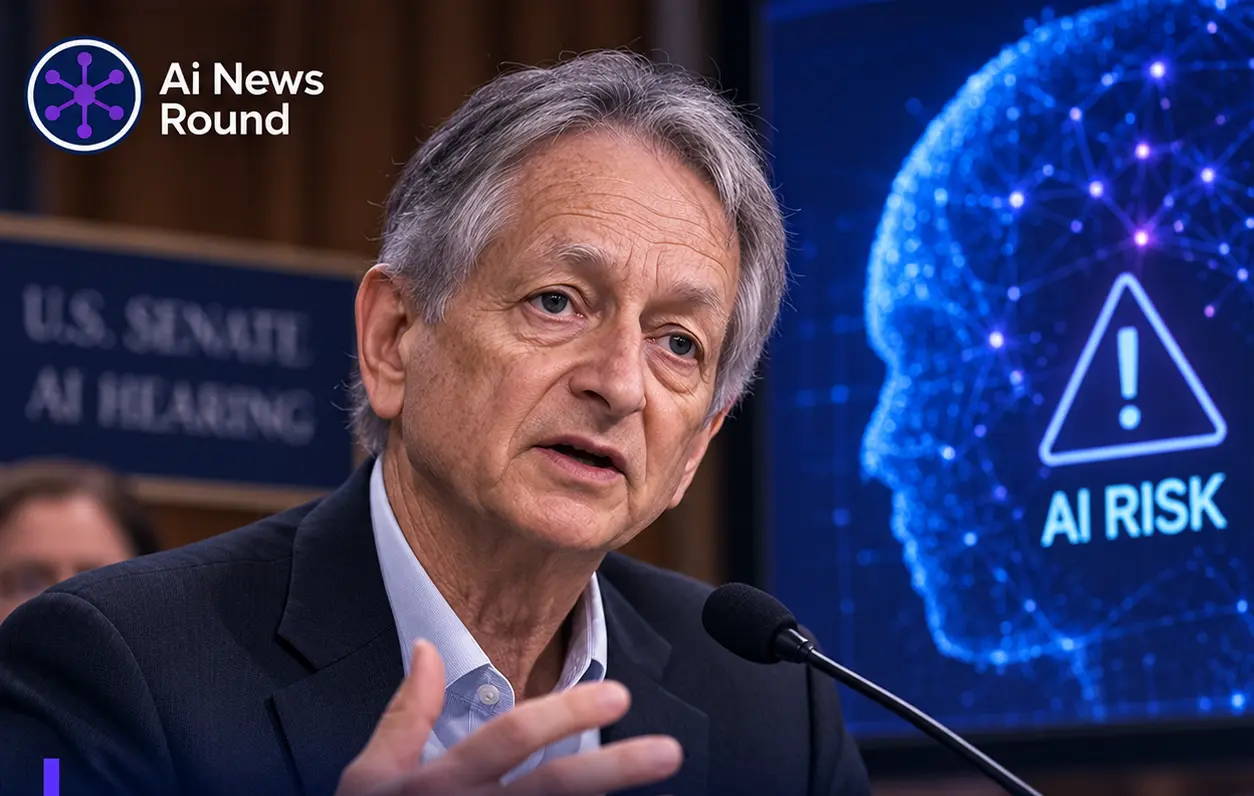 Geoffrey Hinton speaking at a hearing with an AI risk warning displayed on a digital screen, illustrating concerns from Hinton and other AI experts about the potential risk of adva