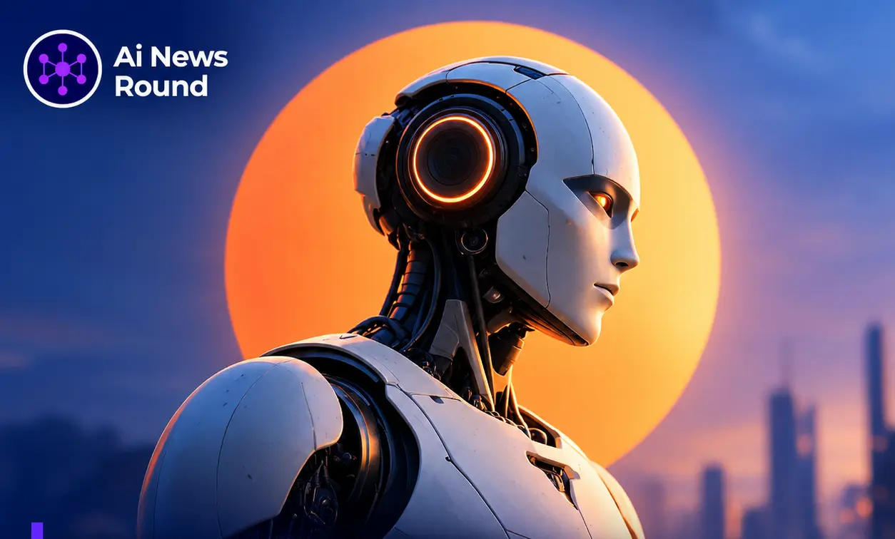 Futuristic humanoid robot with glowing orange optical sensors against a blue and orange background, illustrating why Star Wars droids differ from real-world artificial intelligence