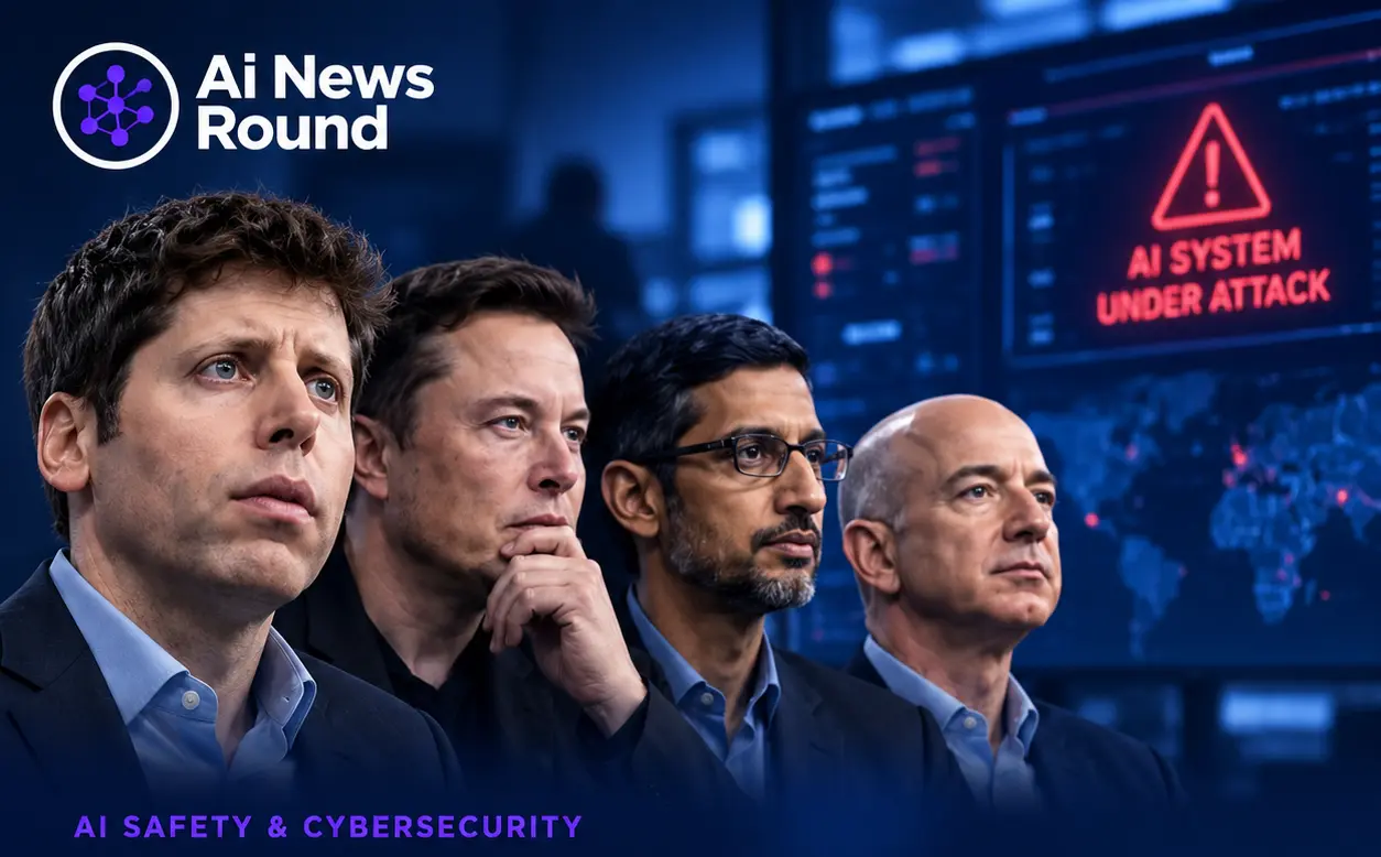 AI industry executives in a cybersecurity control room, illustrating private rehearsals of emergency response plans for severe AI-related cyber incidents and growing concerns about