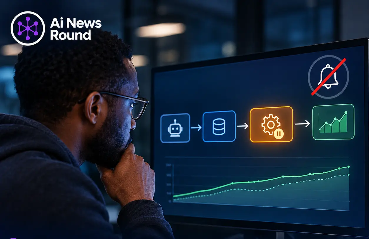 A Black data scientist analyzing an autonomous AI data pipeline on a large monitor, with a highlighted warning stage, a muted notification bell, and performance charts. The AI News