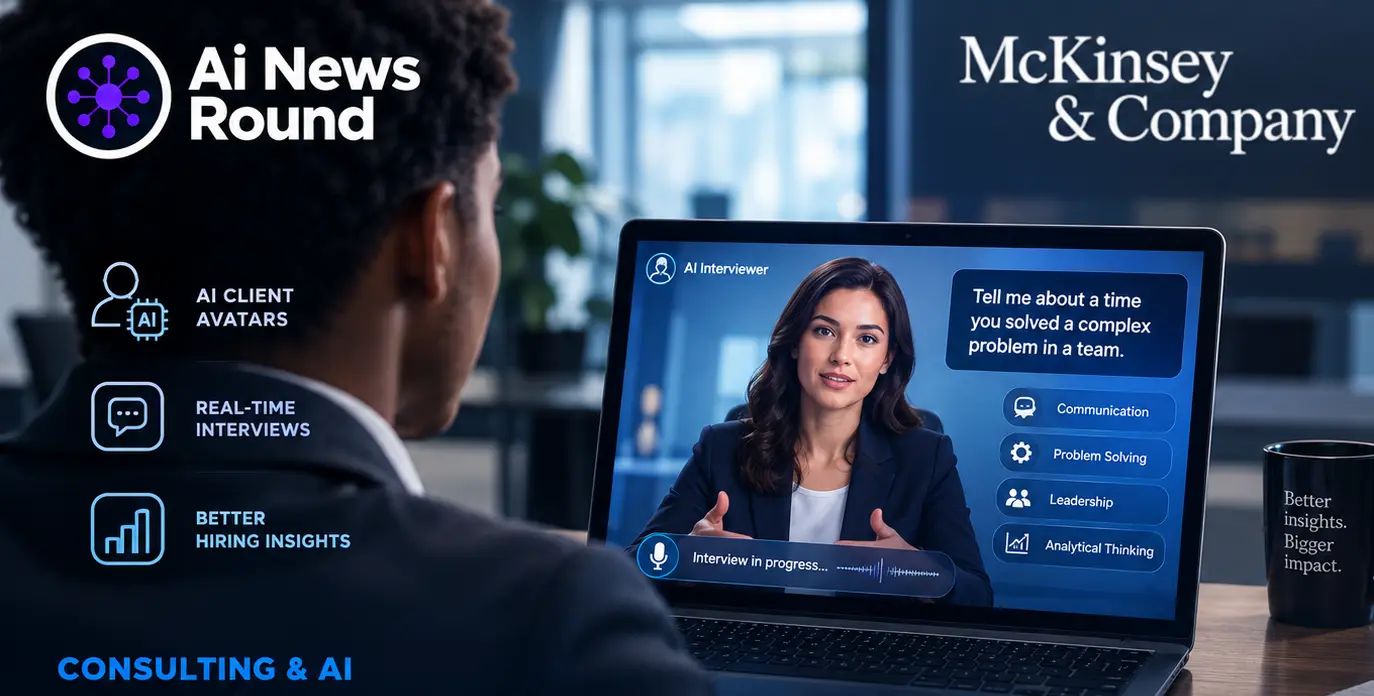 Consulting candidate participating in an AI-powered interview simulation on a laptop, illustrating McKinsey’s pilot of AI client avatars for entry-level consulting interviews and c