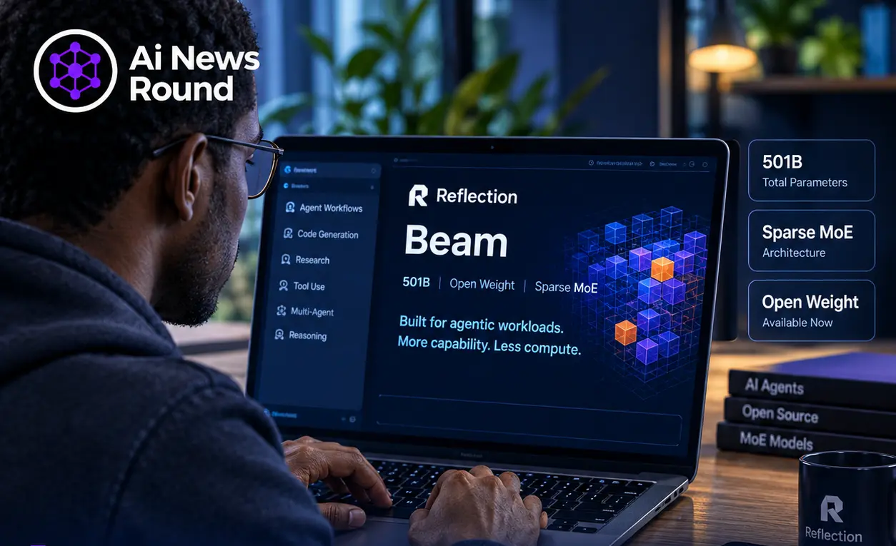 AI News Round graphic showing a developer using a laptop displaying Reflection AI’s Beam, a 501-billion-parameter open-weight Sparse Mixture-of-Experts (MoE) model designed for age