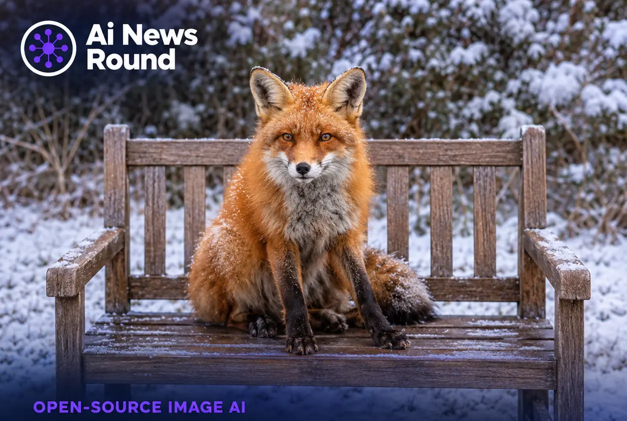 Red fox sitting on a snow-covered wooden bench, illustrating Black Forest Labs and Hugging Face’s launch of FLUX.3 Image Klein, an AI image-generation model with native Hugging Fac