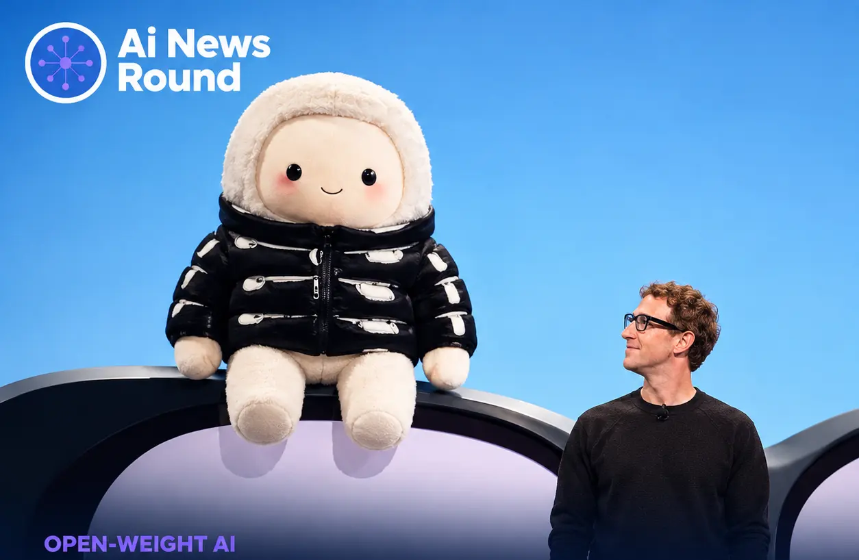 Meta Muse Spark open-weight AI model launch, featuring a plush mascot on a technology event stage beside a tech executive, illustrating Meta’s reported 816-billion-parameter multim