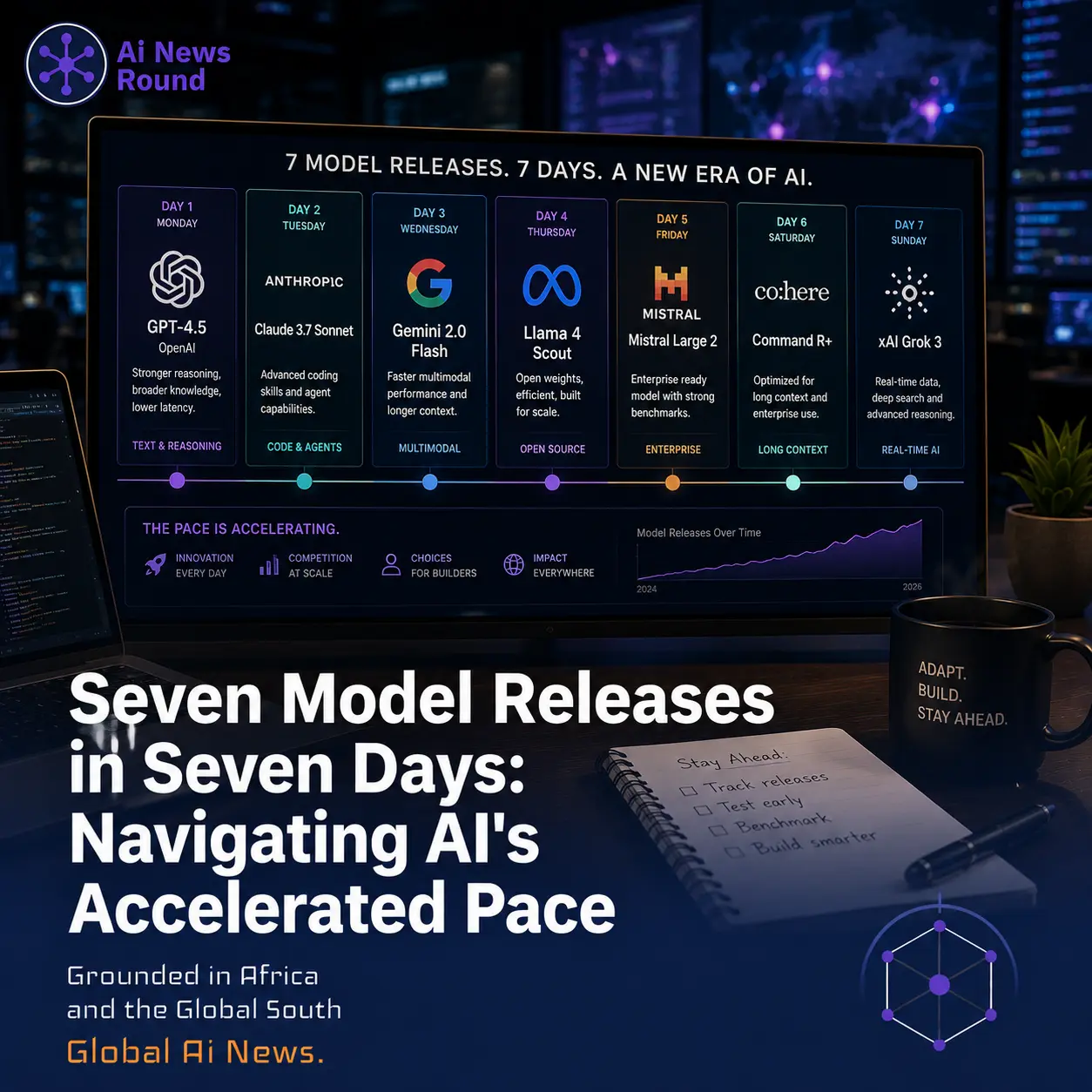 Timeline graphic showing seven AI model releases across a single calendar week.