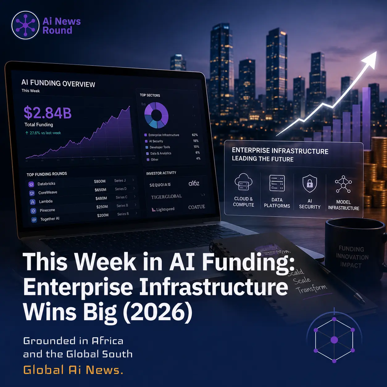 Financial chart header showing investment distribution in AI infrastructure and biotech funding rounds.