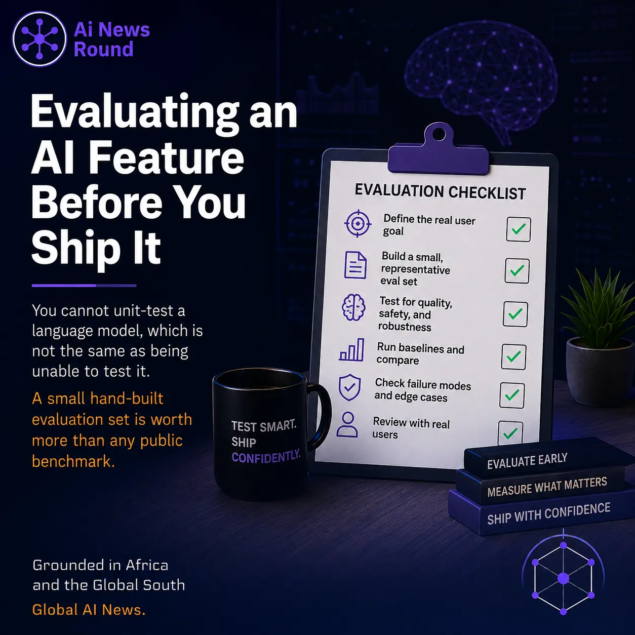 Diagram comparing unit testing vs hand-built evaluation sets for AI features before shipping.